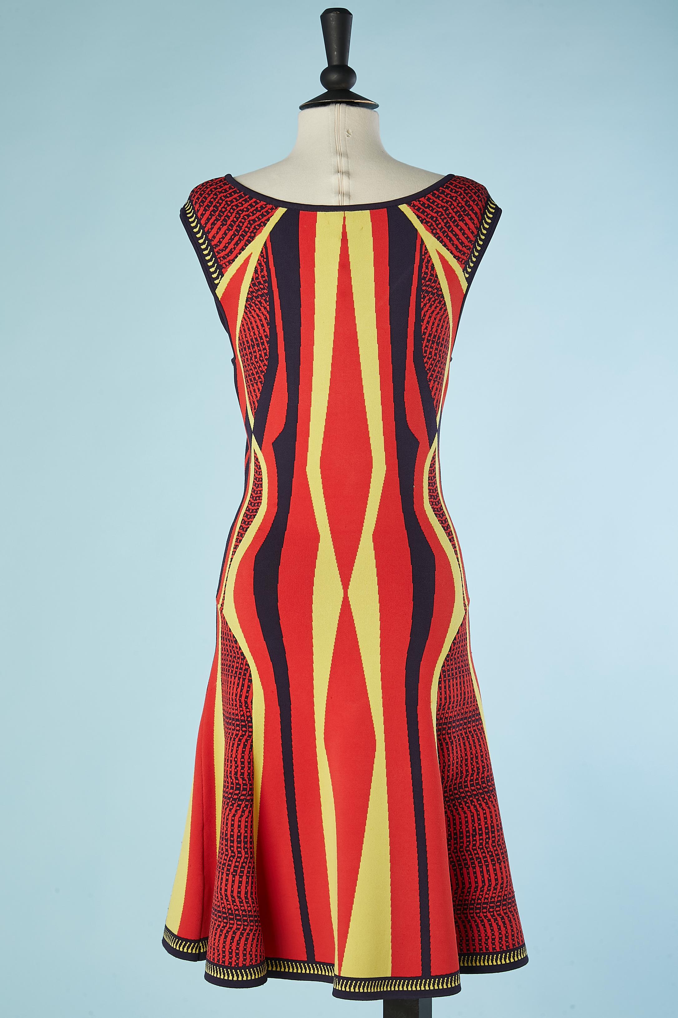 Women's Navy, red and yellow jacquard rayon knit dress Versace Collection For Sale