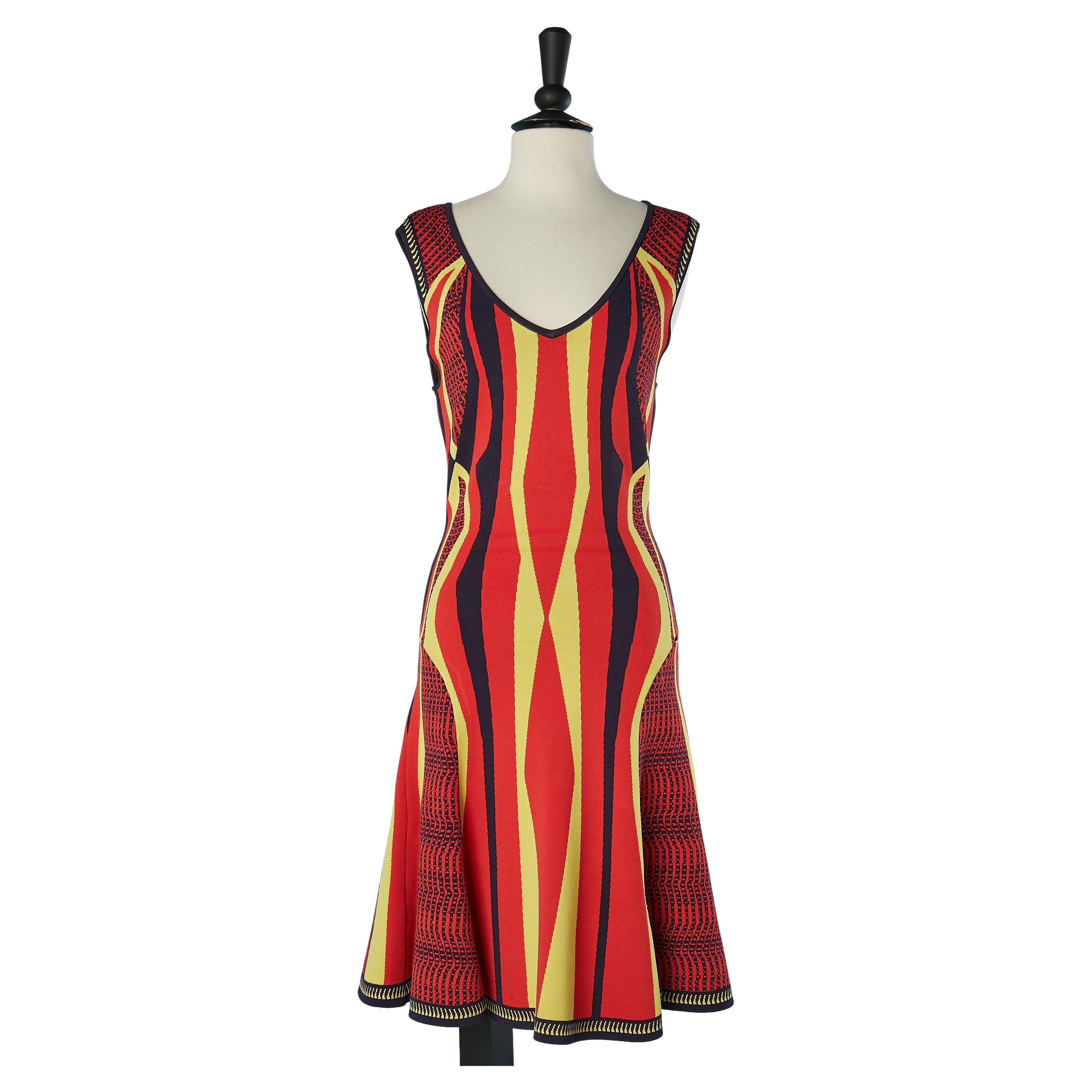 Navy, red and yellow jacquard rayon knit dress Versace Collection For Sale