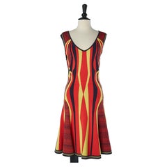 Navy, red and yellow jacquard rayon knit dress Versace Collection