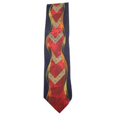 Vintage Navy Red Orange Pure Silk Patterned Tie Ddtty01