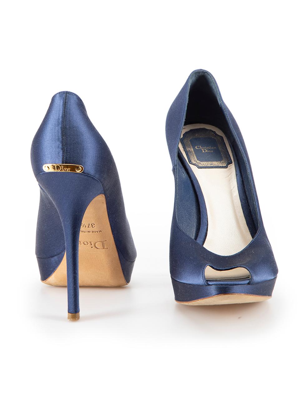 Navy Satin Peep Toe Platform Heels Size IT 37.5 In Good Condition For Sale In London, GB