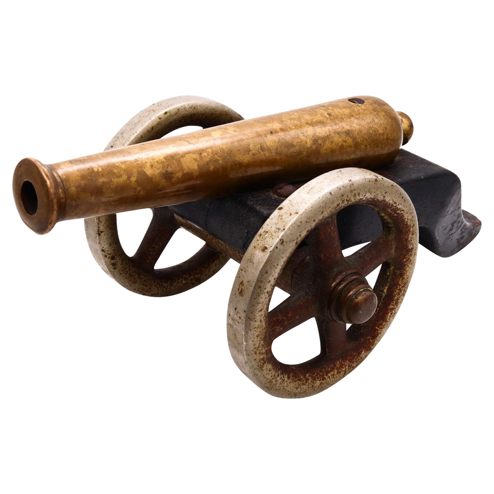 Navy Signal Cannon 18th Century European Brass Barrel and Wood Carriage