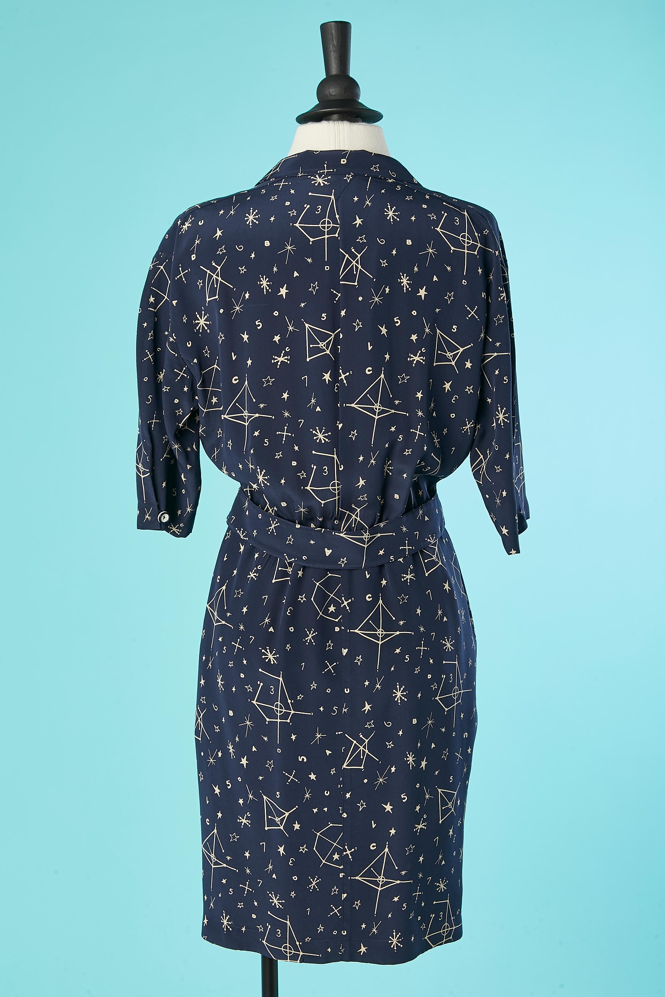 Women's Navy silk day dress with Galaxy print Thierry Mugler  For Sale