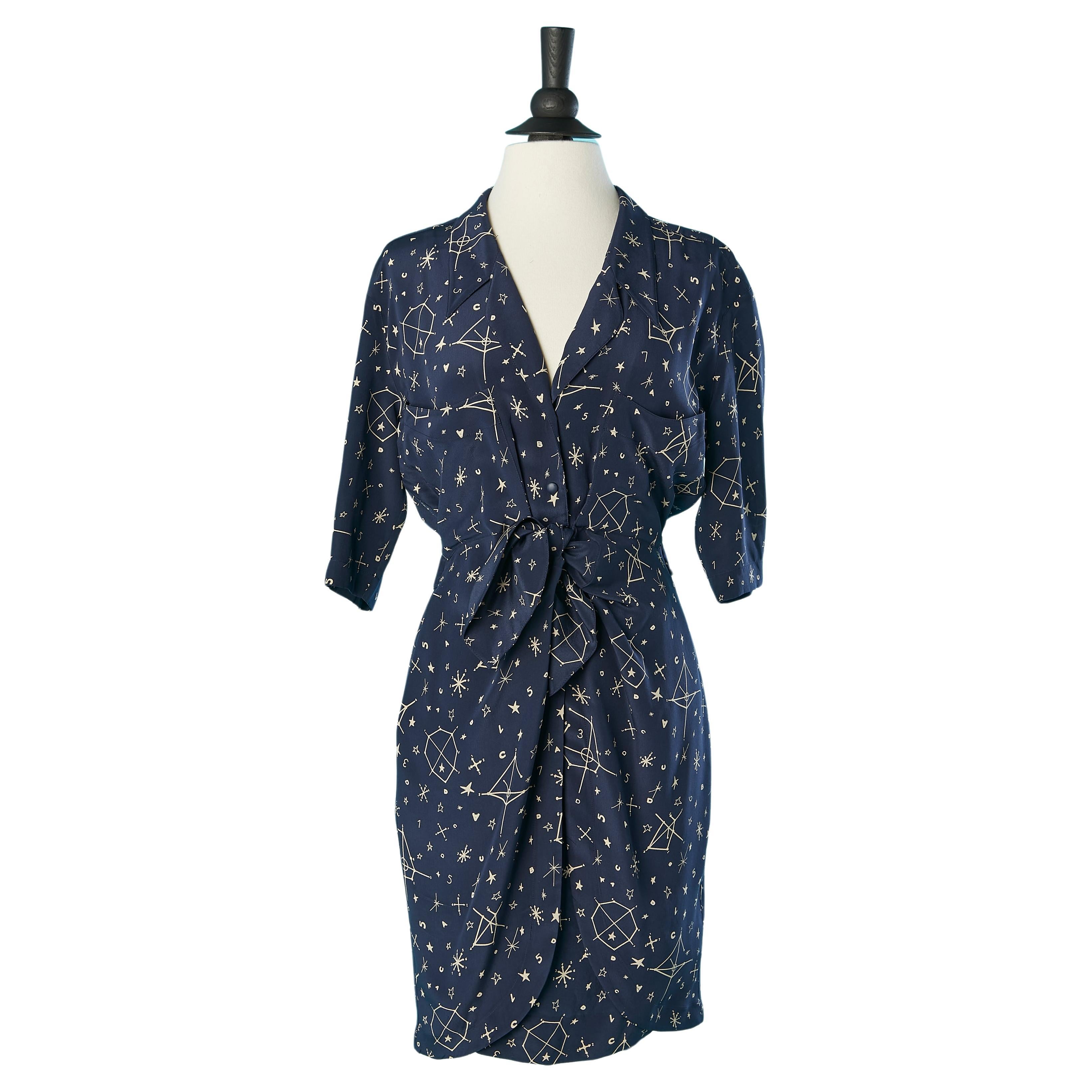 Navy silk day dress with Galaxy print Thierry Mugler  For Sale