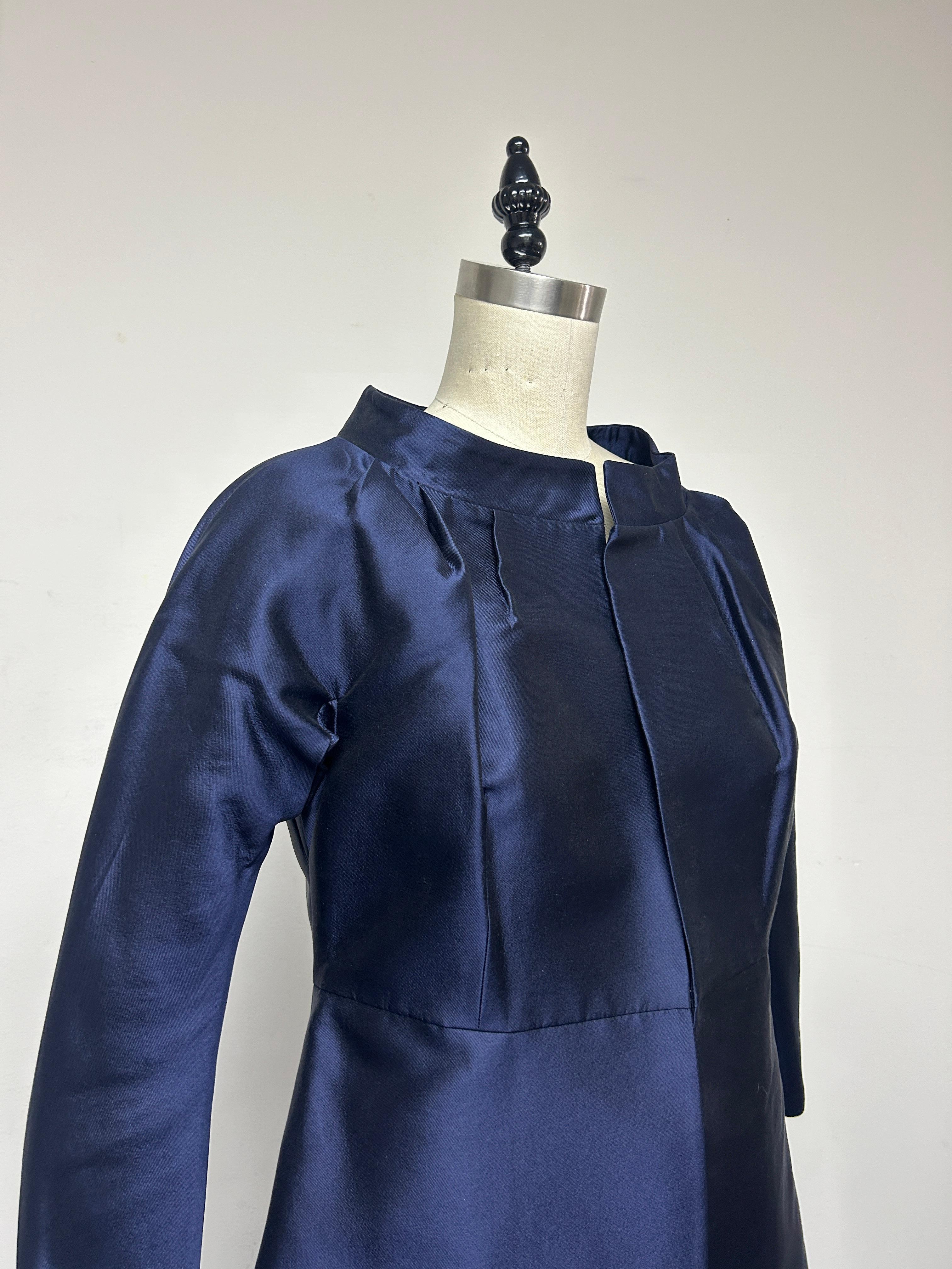 Women's Cocktail Coat in Navy Silk Taroni Mikado For Sale