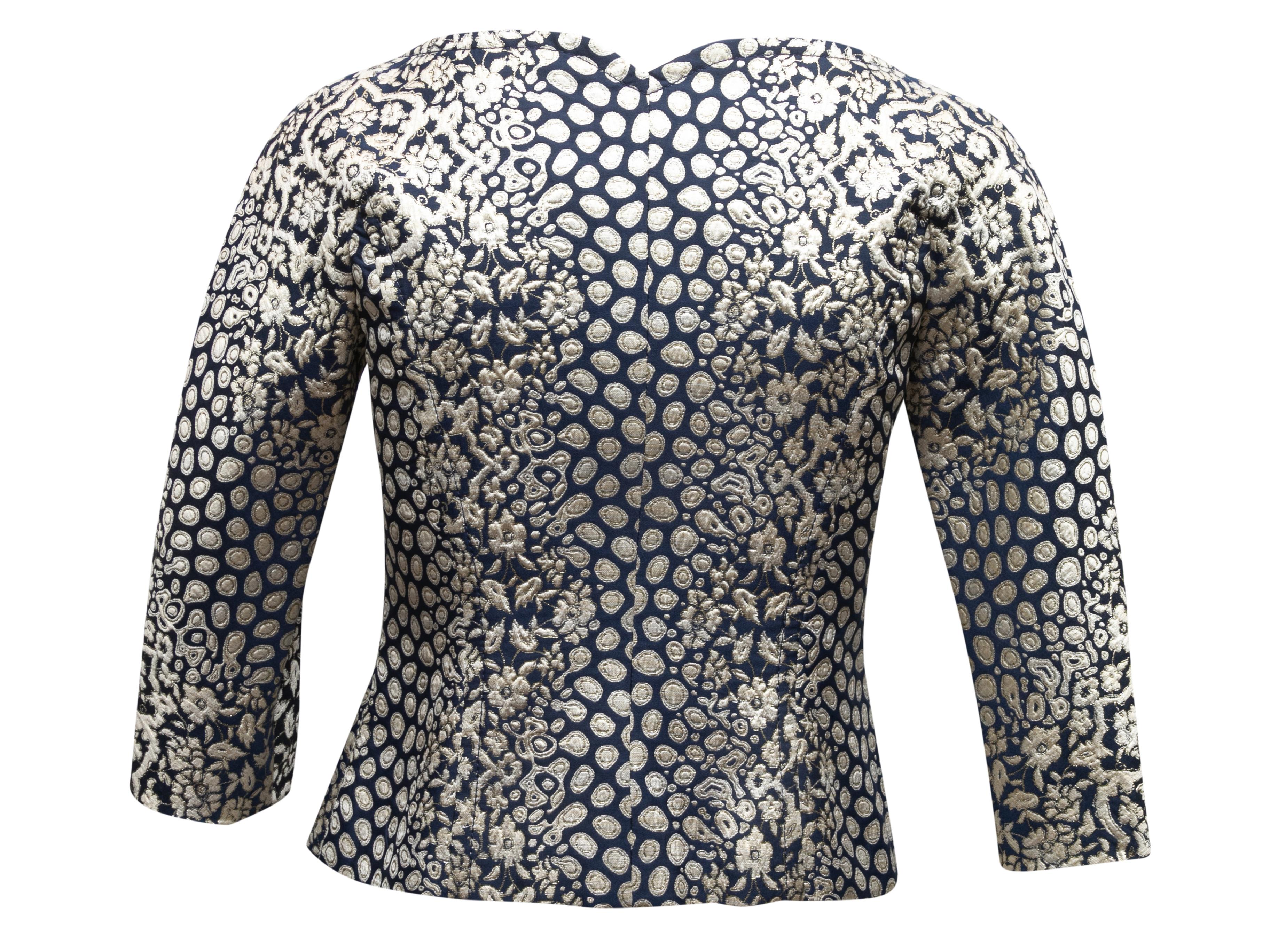 Black Navy & Silver Carolina Herrera Jacquard Evening Jacket Size US 2