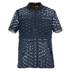 Navy Star Lace Mock Neck Short Sleeve Top Size S