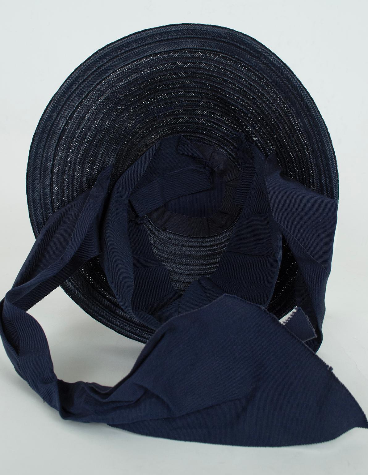 Navy Straw Petite Saucer Hat with Integrated Ribbon Bonnet – O/S, 1930s For Sale 7