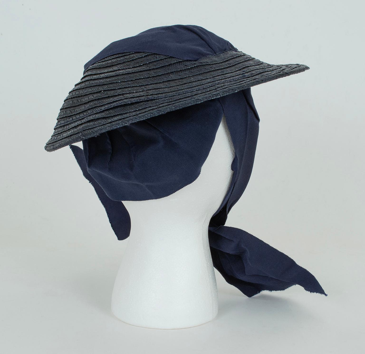 Black Navy Straw Petite Saucer Hat with Integrated Ribbon Bonnet – O/S, 1930s For Sale