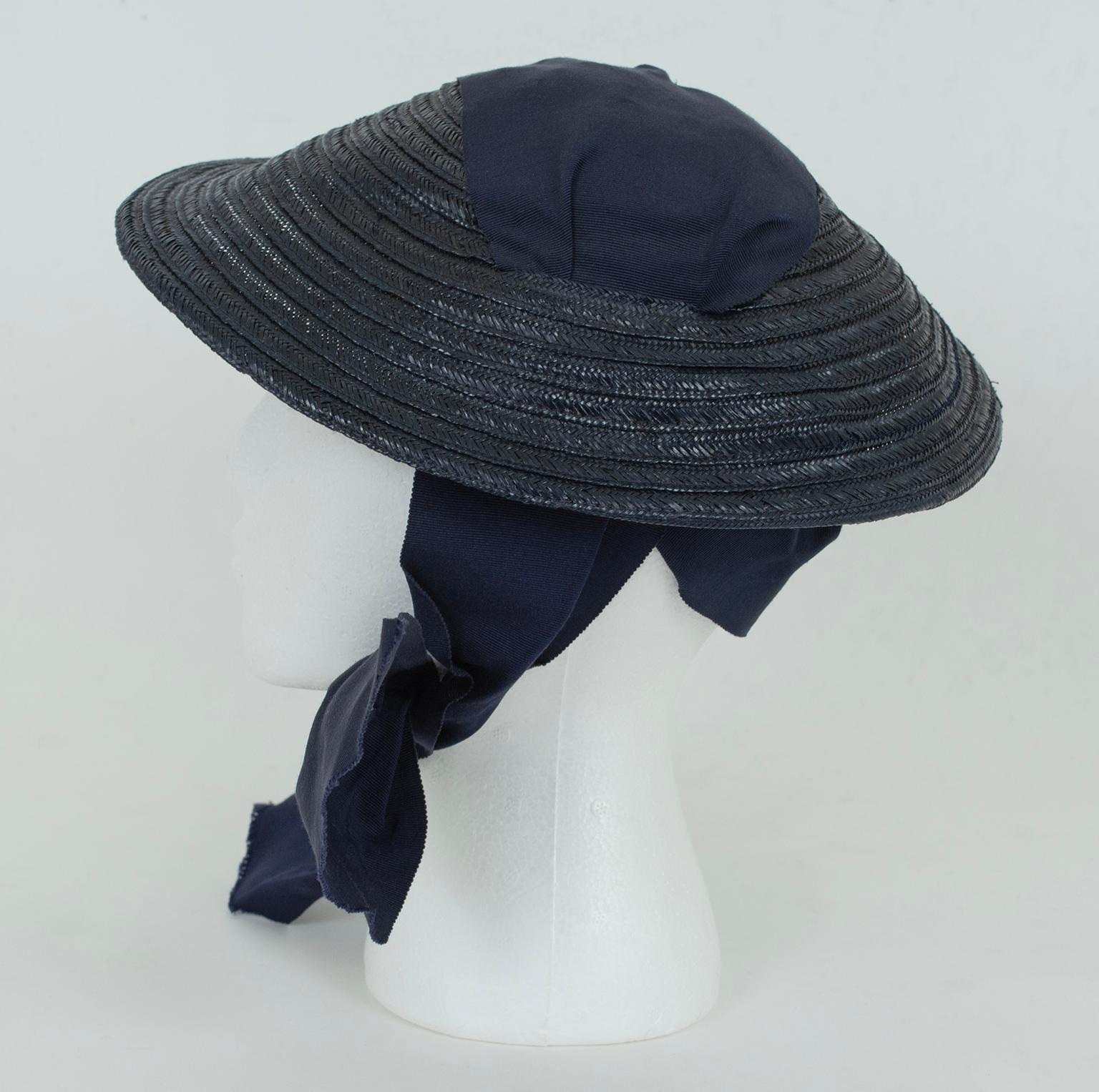 Women's Navy Straw Petite Saucer Hat with Integrated Ribbon Bonnet – O/S, 1930s For Sale