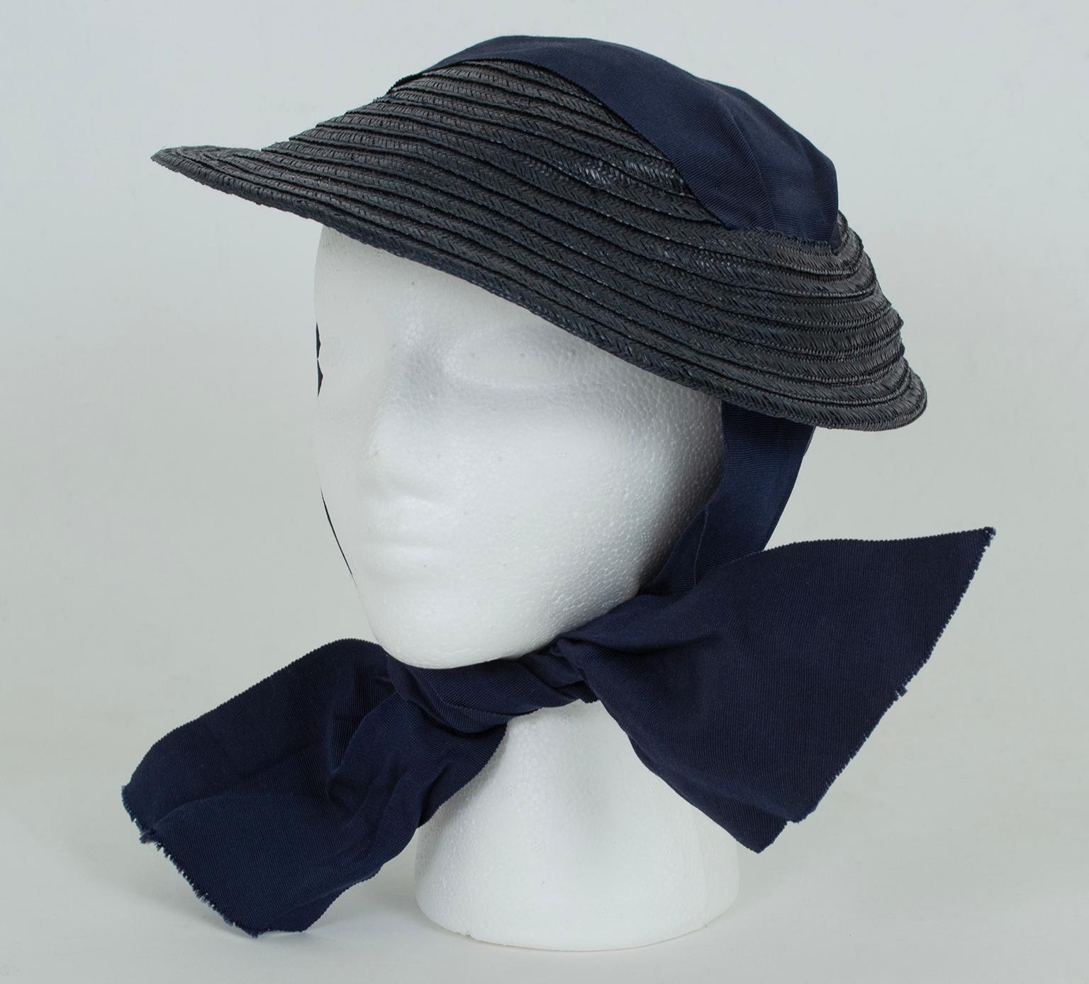 Navy Straw Petite Saucer Hat with Integrated Ribbon Bonnet – O/S, 1930s For Sale 1