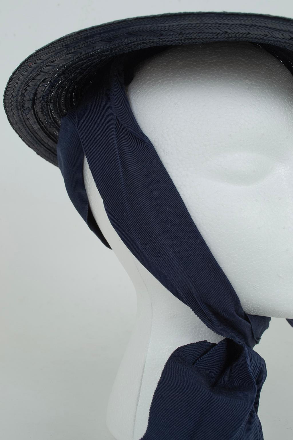 Navy Straw Petite Saucer Hat with Integrated Ribbon Bonnet – O/S, 1930s For Sale 2