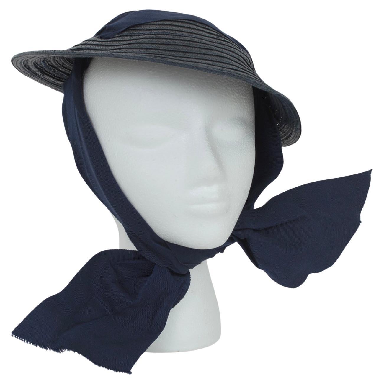 Navy Straw Petite Saucer Hat with Integrated Ribbon Bonnet – O/S, 1930s For Sale
