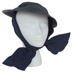 Navy Straw Petite Saucer Hat with Integrated Ribbon Bonnet – O/S, 1930s