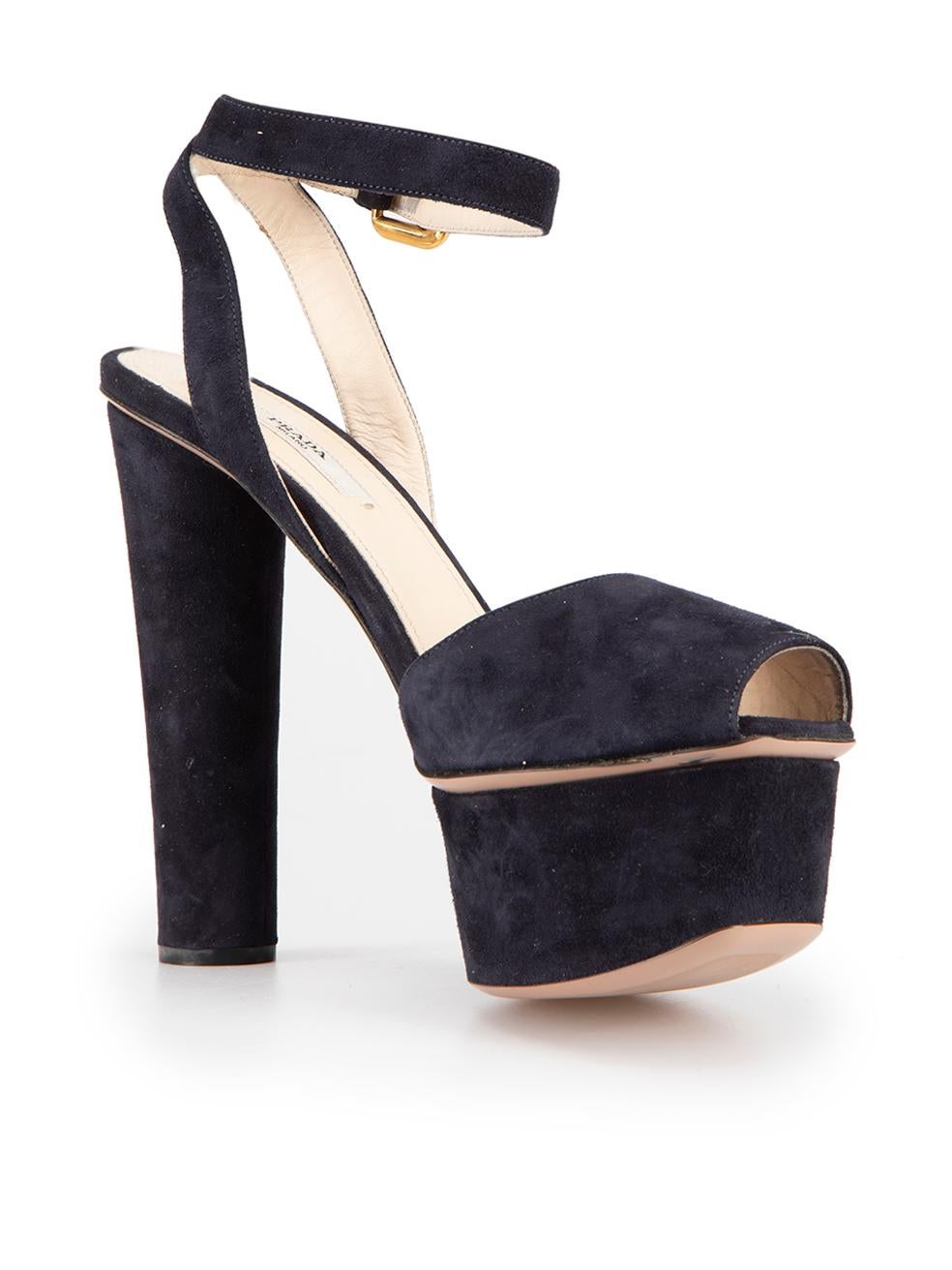CONDITION is Very good. Hardly any visible wear to sandals is evident on this used Prada designer resale item. Original box included.



Details


Navy

Suede

Sandals

Peep toe

Platform high heel

Ankle buckled strap closure





Made in