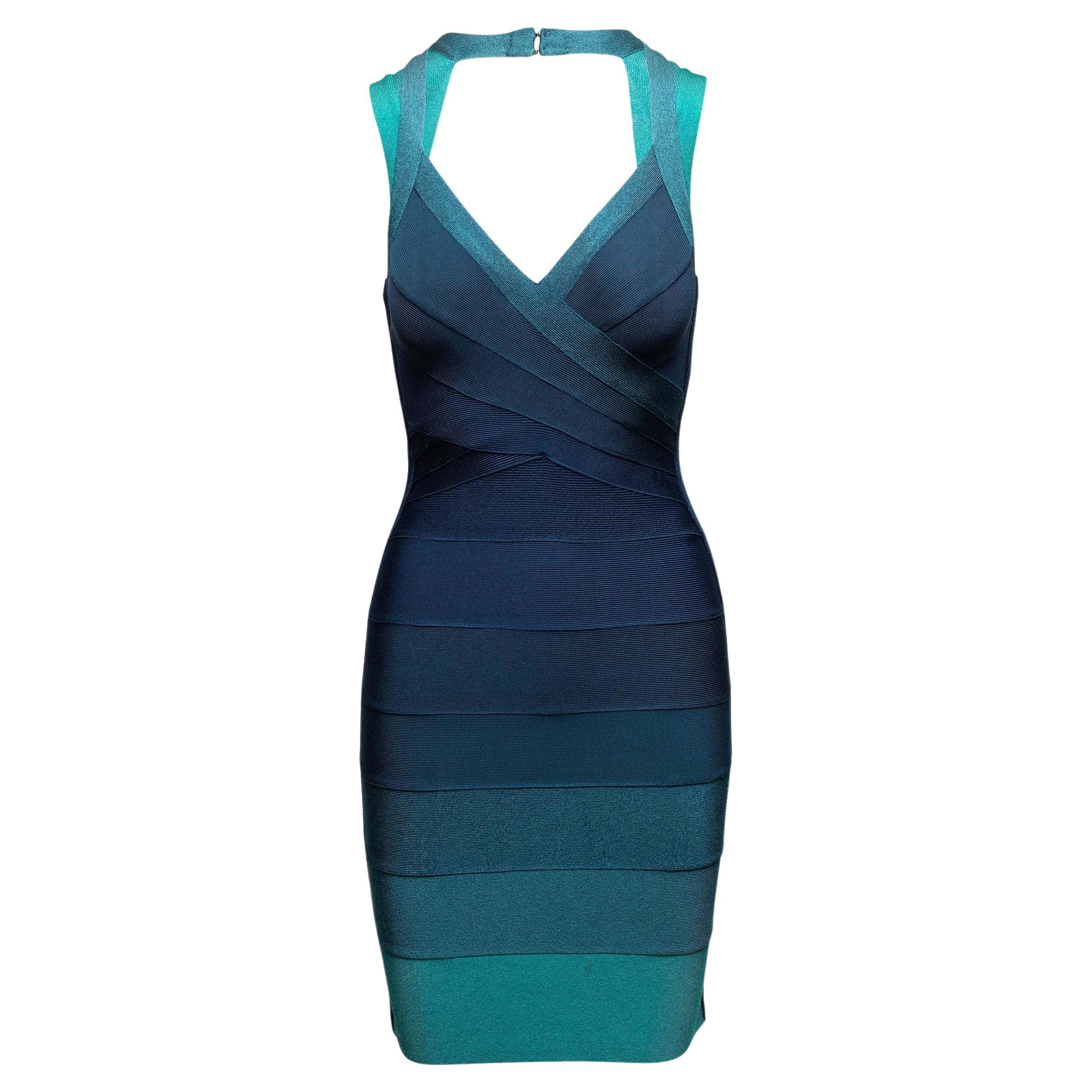 Navy & Teal Herve Leger Ombre Halter Bandage Dress Size US S