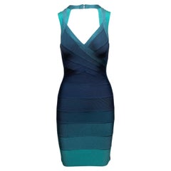 Navy & Teal Herve Leger Ombre Halter Bandage Dress Size US S