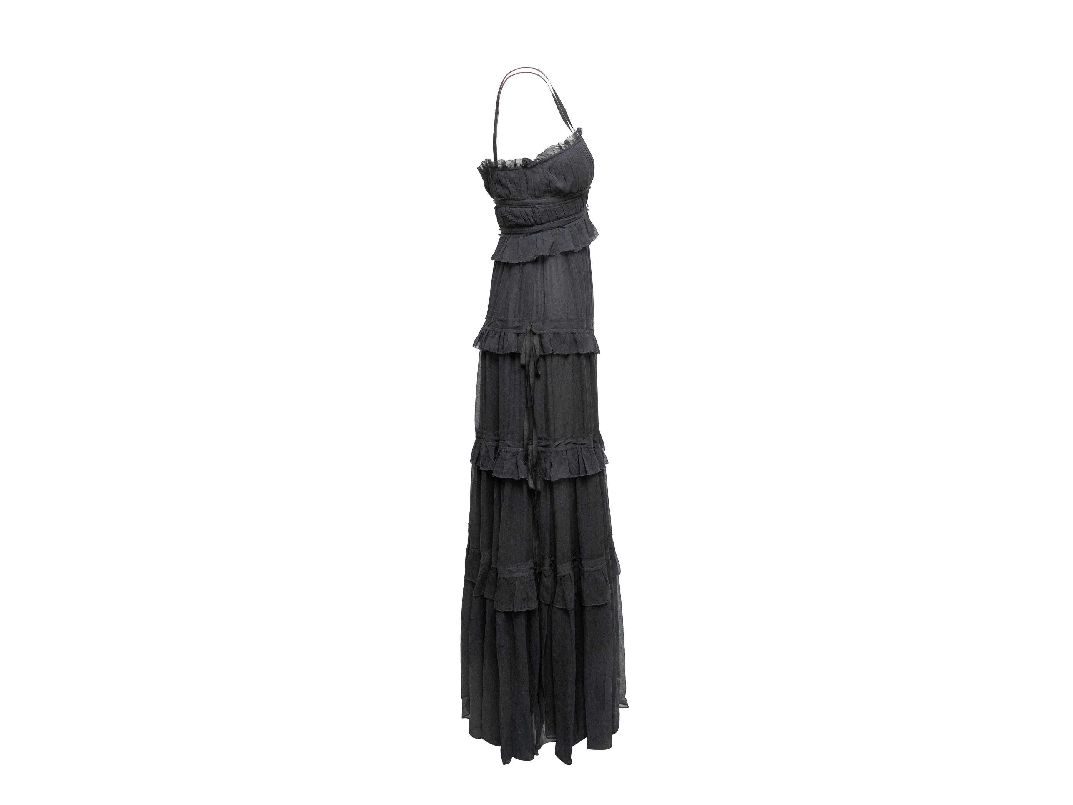 Navy silk Agathe maxi dress by Ulla Johnson. From the Fall/Winter 2022 Collection. Narrow straps. V-neck. Tiered bodice and skirt. Zip closure at side. 32