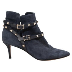 Navy Valentino Suede Rockstud Heeled Ankle Boots Size 40.5