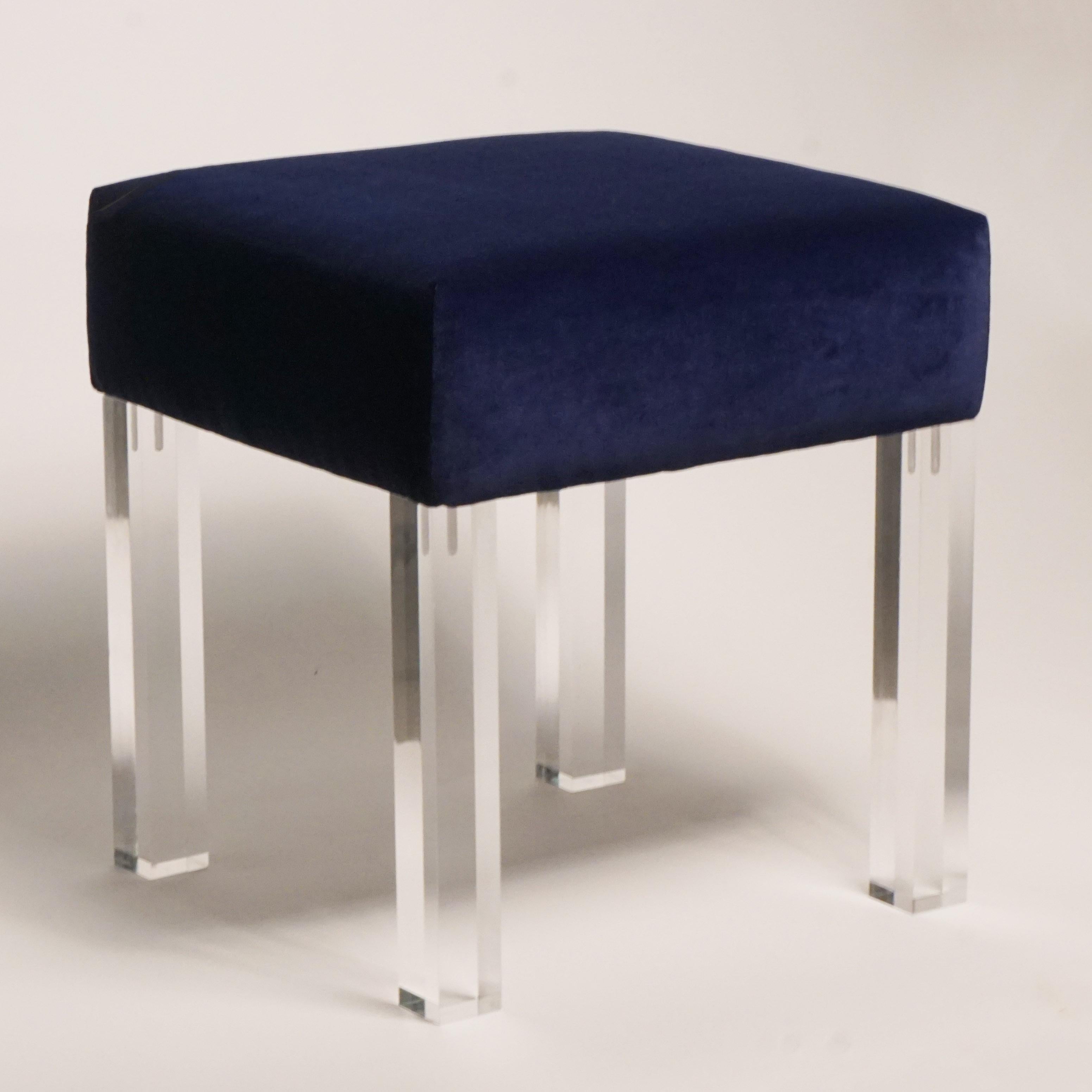 Navy Velvet Low Stool with Lucite Legs, Pair In New Condition For Sale In Wilton, CT