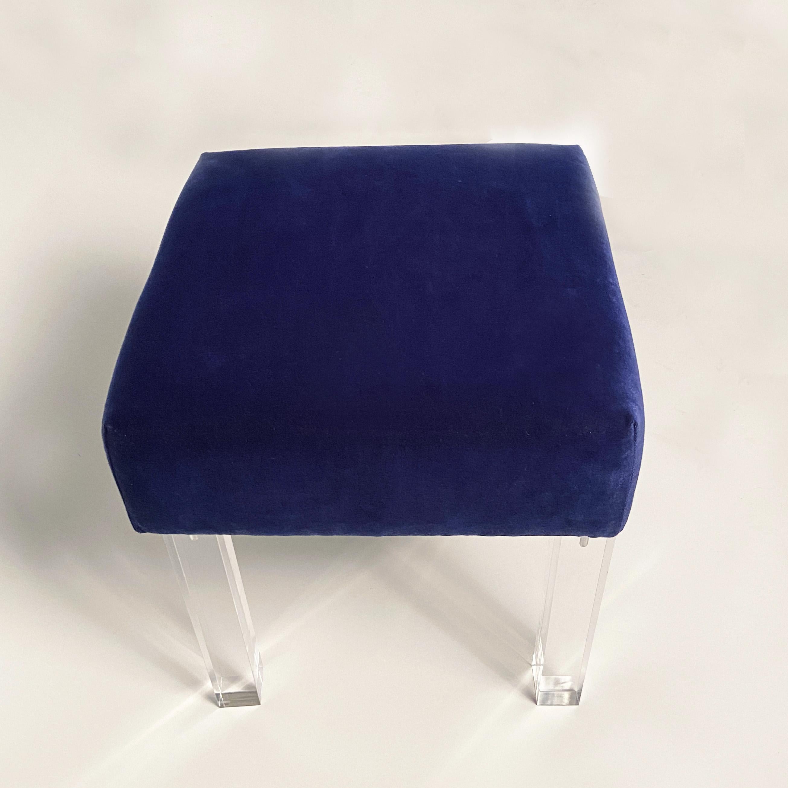 Navy Velvet Low Stool with Lucite Legs, Pair For Sale 1