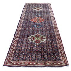 Navy Vintage Persian Fish Design Tabriz Hand Knotted Runner Oriental Rug