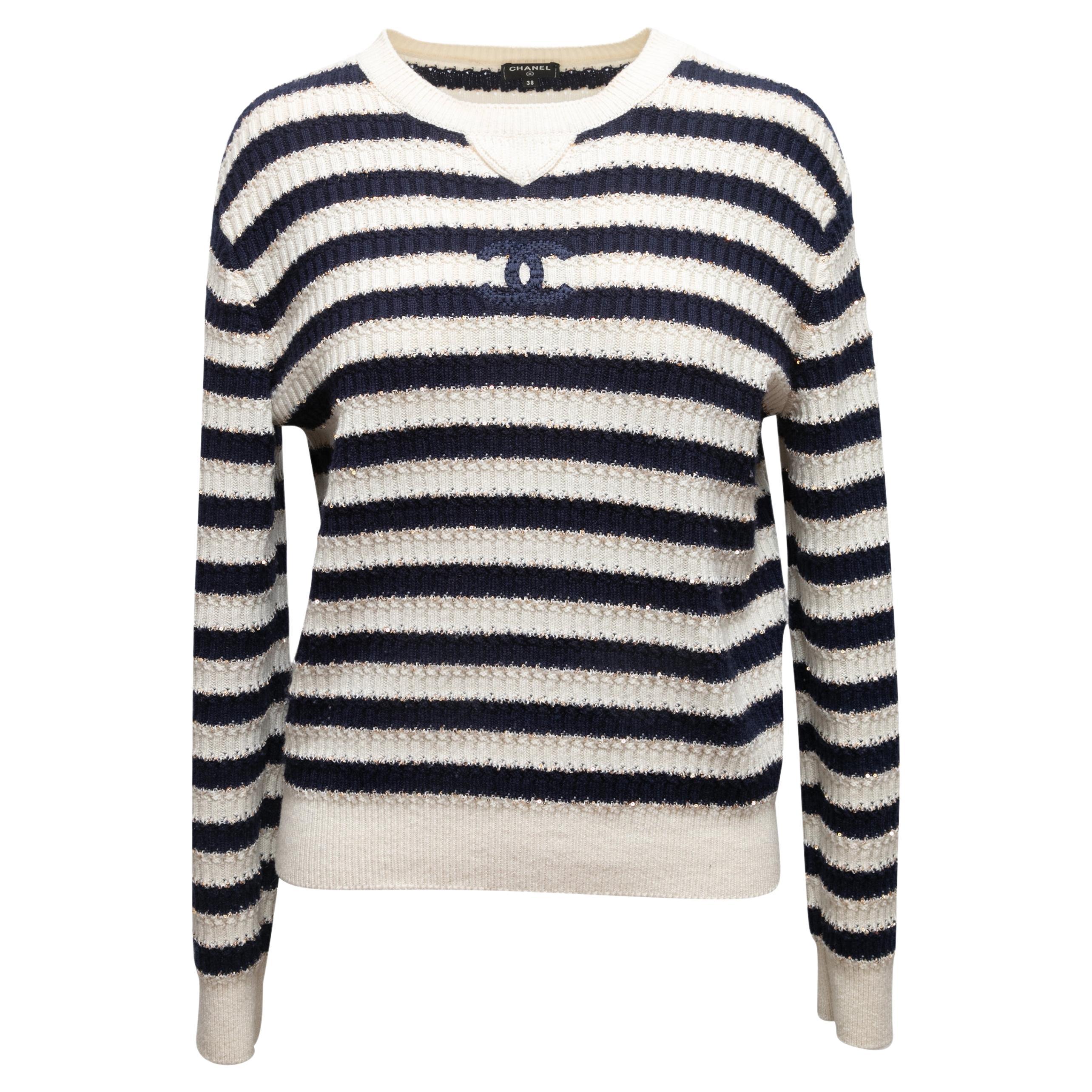 Navy & White Chanel Cruise 2021 Striped Cashmere Sweater Size FR 38