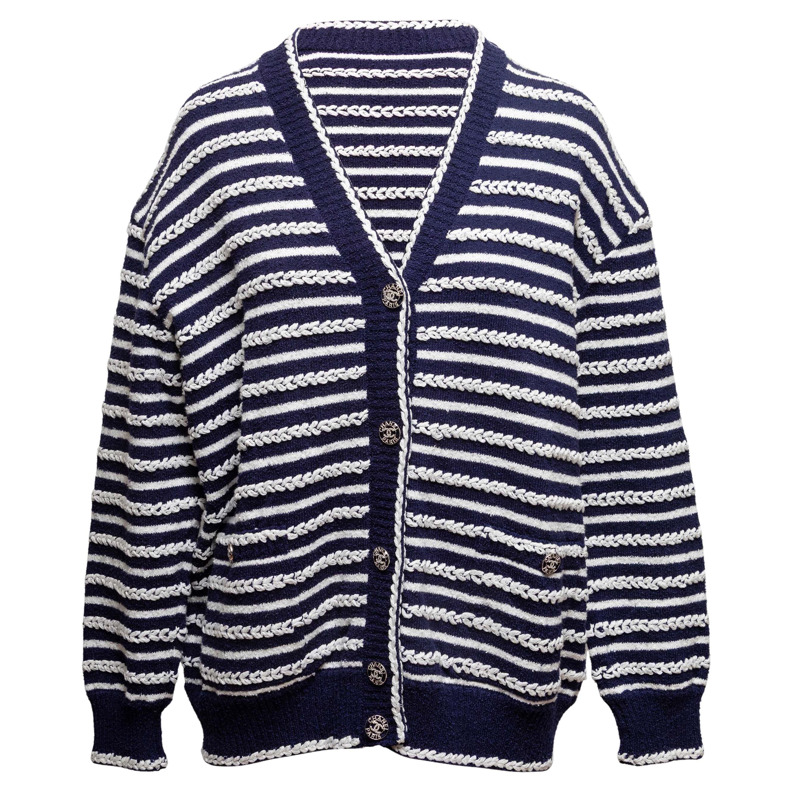 Navy & White Chanel Striped Cotton Cardigan Size FR 48