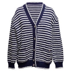 Marineblaue & weiße Chanel gestreifte Baumwoll-Strickjacke Größe FR 48