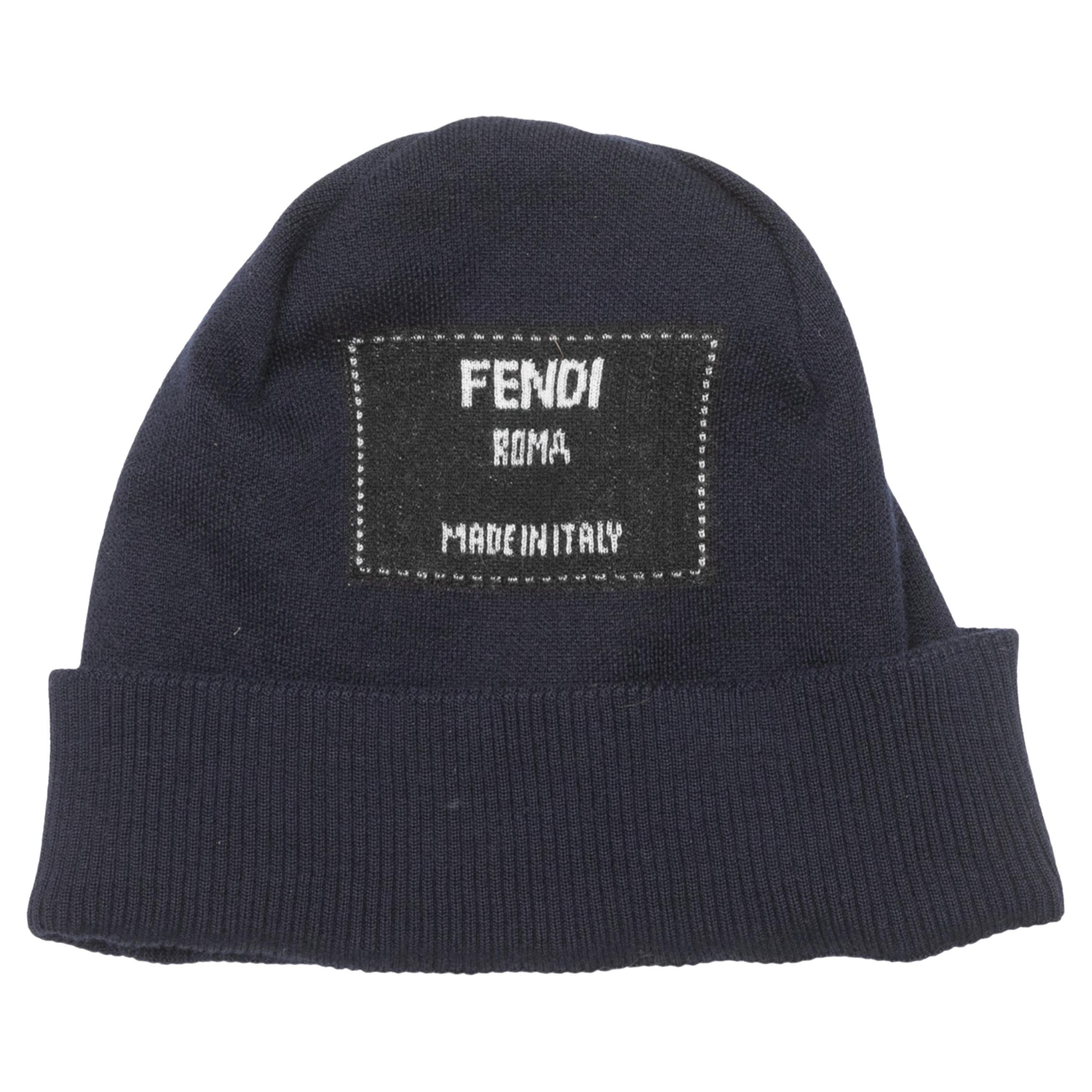 Navy & White Fendi Cashmere Logo Beanie
