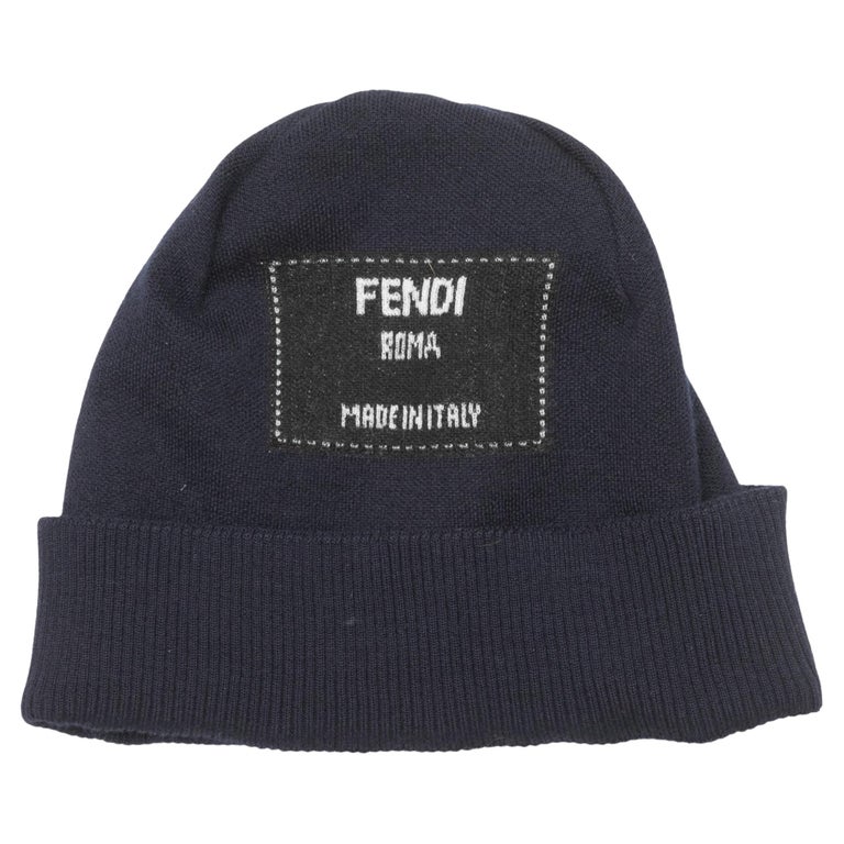Navy and White Fendi Cashmere Logo Beanie For Sale at 1stDibs