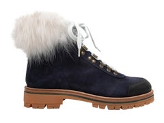 Marineblaue & weiße Mr & Mrs Italy Wildlederstiefel mit Pelzbesatz und Hiking-Stiefeln Größe 38