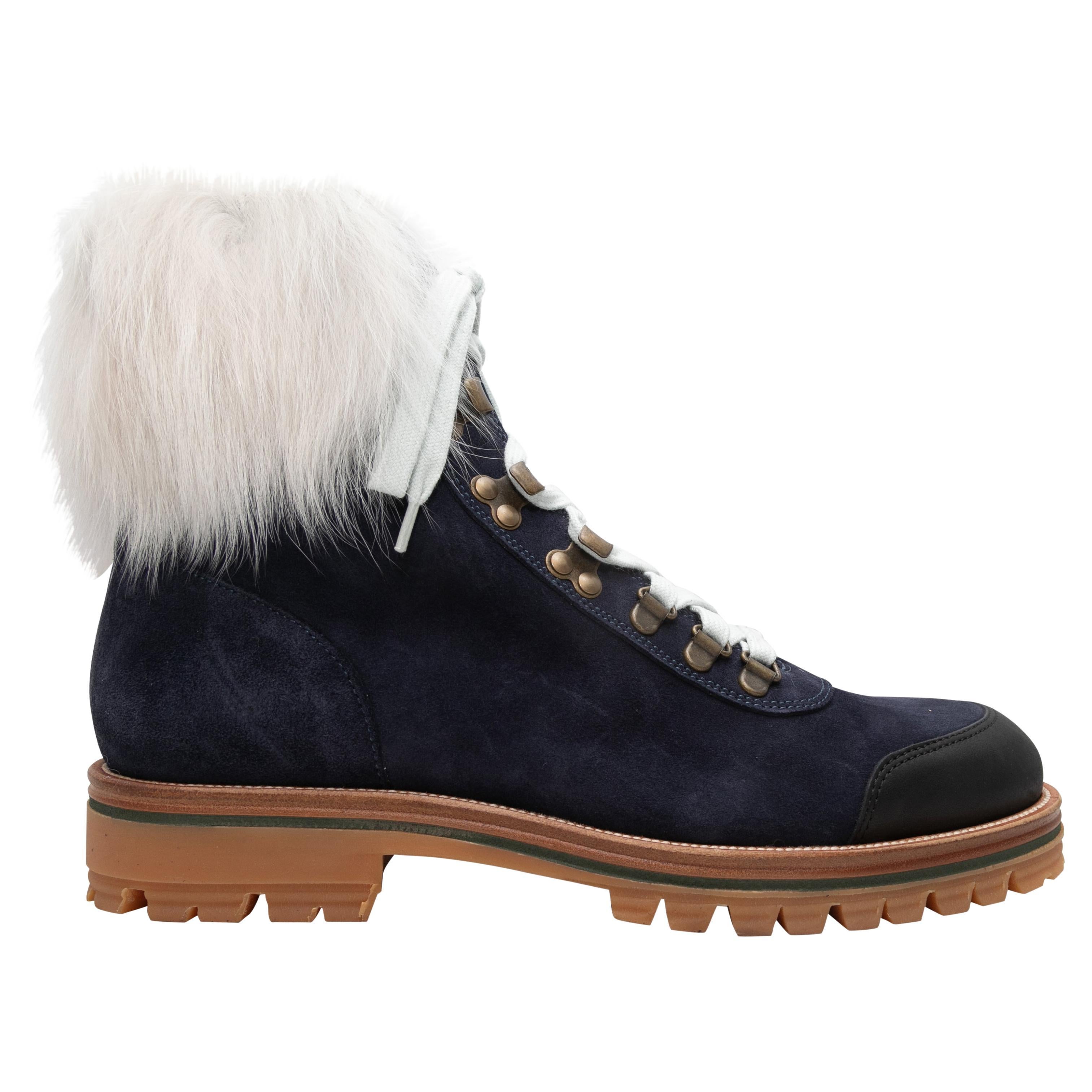 Navy & White Mr & Mrs Italy Suede Fur-Trimmed Hiking Boots Size 40 For Sale