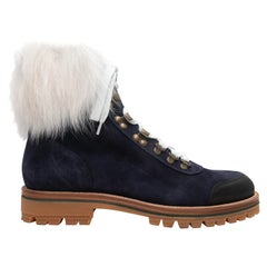 Navy & White Mr & Mrs Italy Suede Fur-Trimmed Hiking Boots Size 40