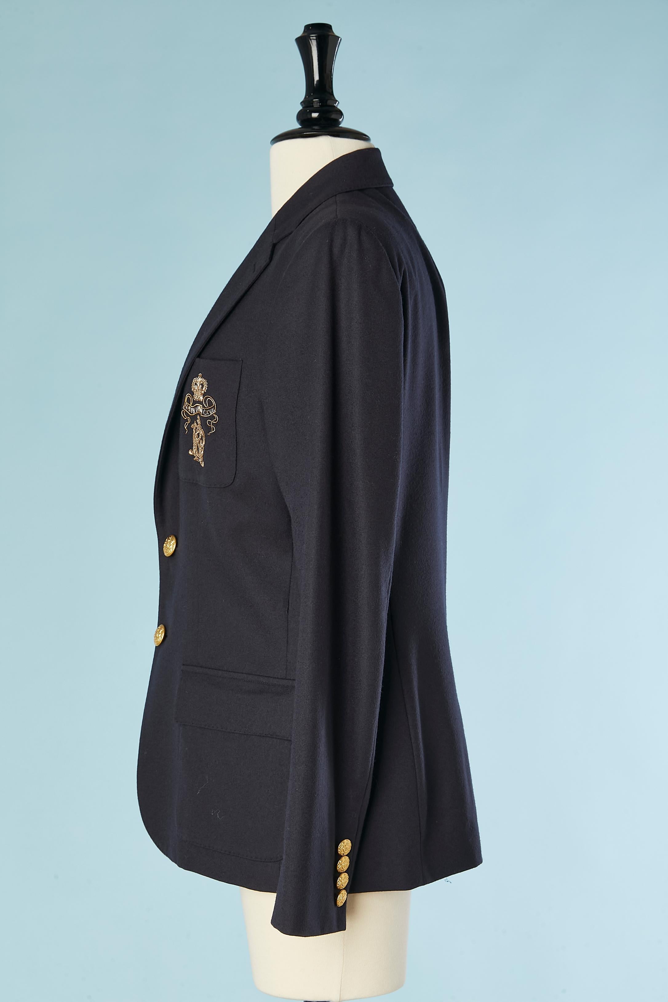 Navy wool single breasted blazer with gold embroideries on pocket Ralph Lauren In Excellent Condition For Sale In Saint-Ouen-Sur-Seine, FR