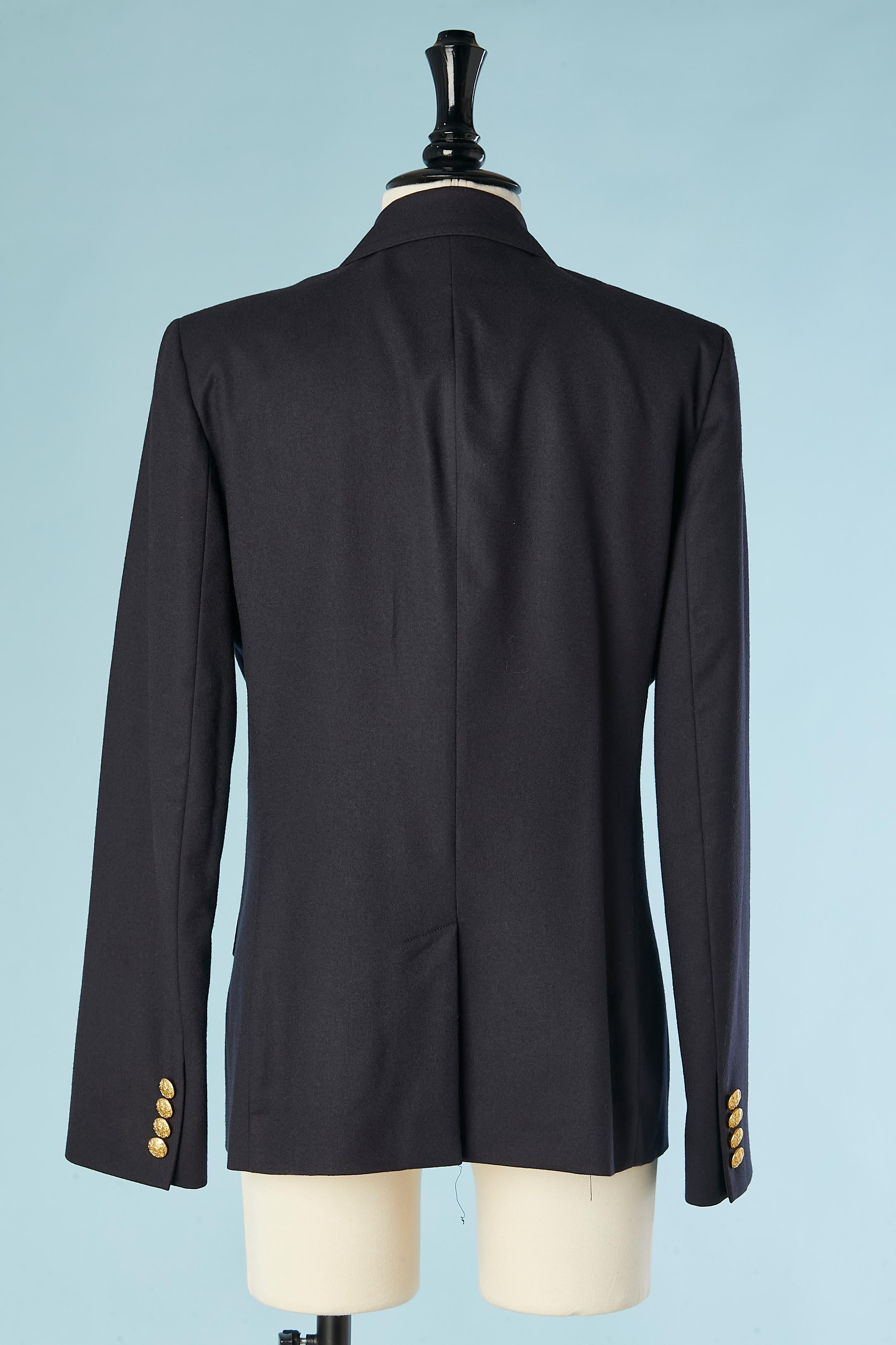 Women's Navy wool single breasted blazer with gold embroideries on pocket Ralph Lauren For Sale