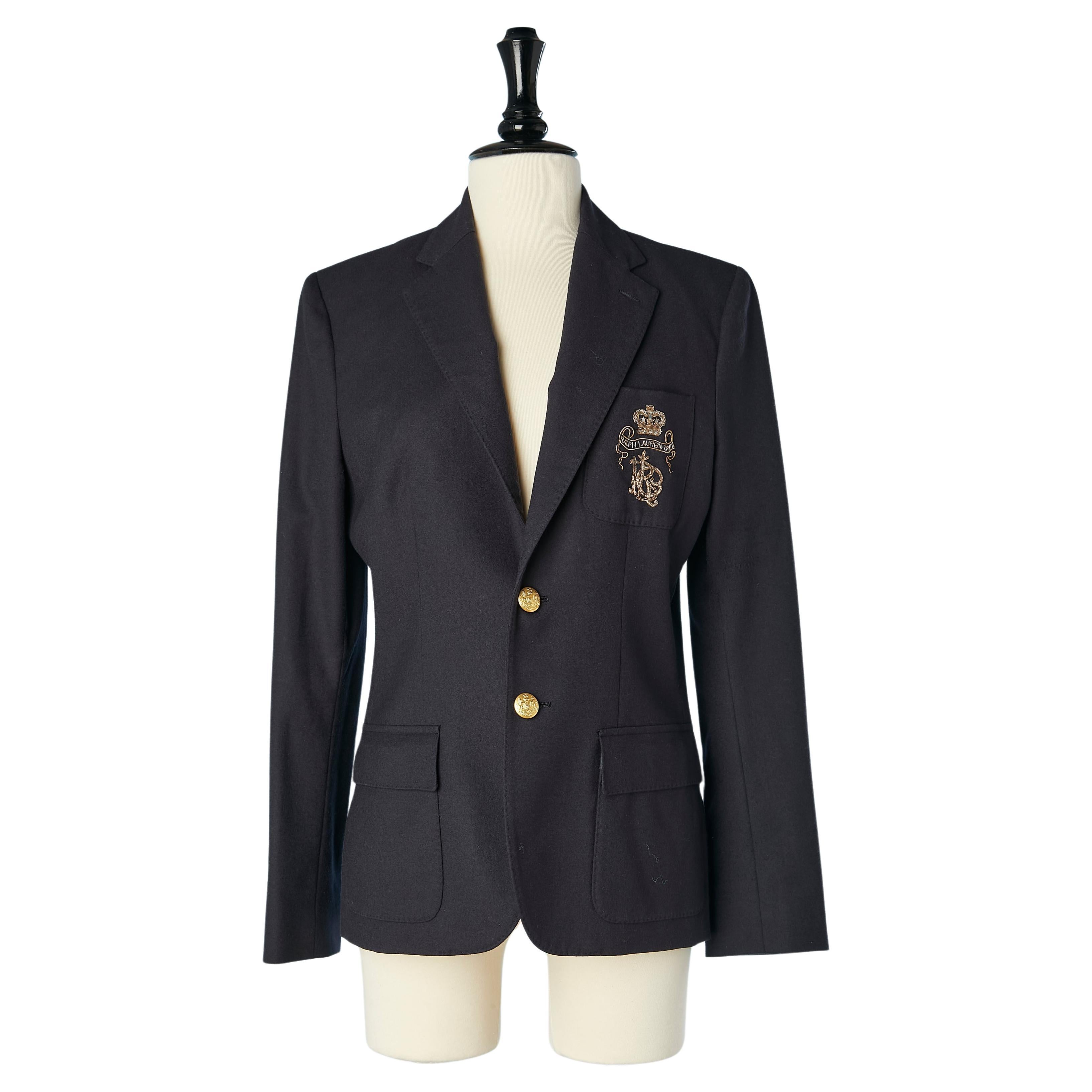 Navy wool single breasted blazer with gold embroideries on pocket
