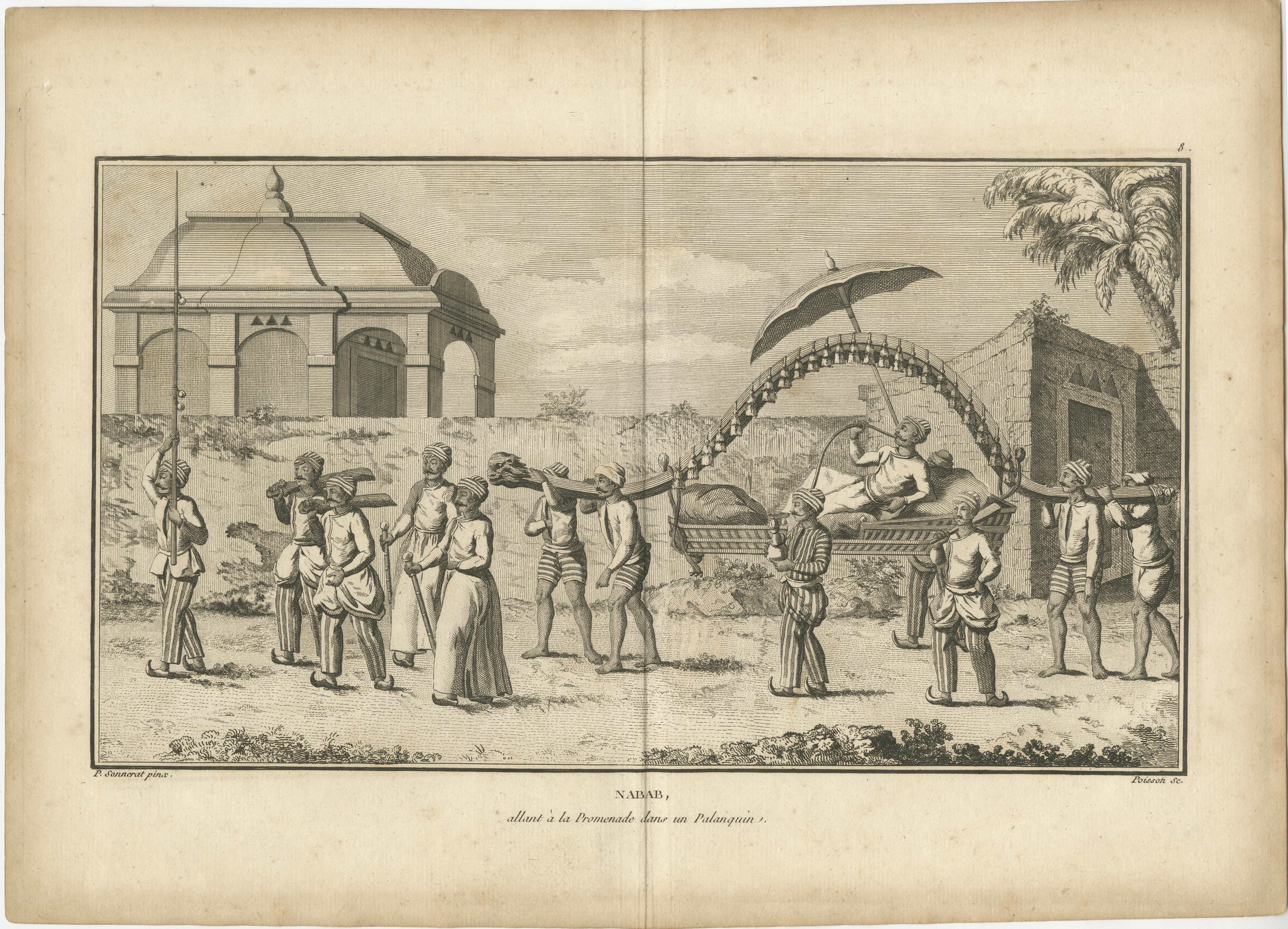Nawab in Sänftenprozession - Indischer Kupferstich von Sonnerat, Paris 1806

Dieser beeindruckende Stich mit dem Titel Nabab, allant à la Promenade dans un Palanquin (Nawab, der in einer Sänfte spazieren geht) ist die Tafel Nr. 8 aus der zweiten