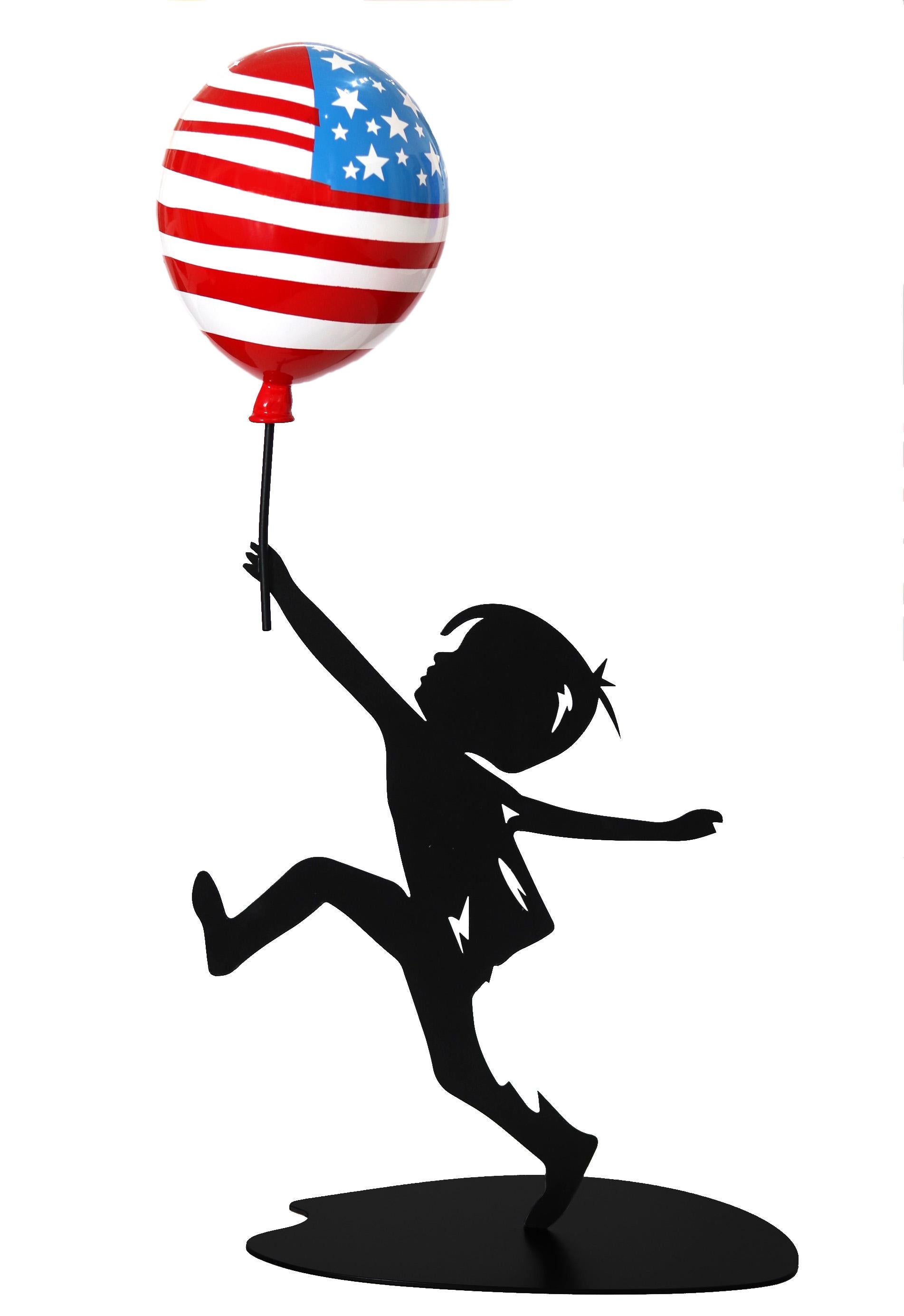 Hope USA  (3/20)  - Figurative Steel Sculpture with Glossy American Flag Balloon - Black Figurative Sculpture by Nayla Saroufim