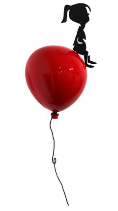 En el cielo (35/50) - Escultura figurativa de acero con globo rojo brillante