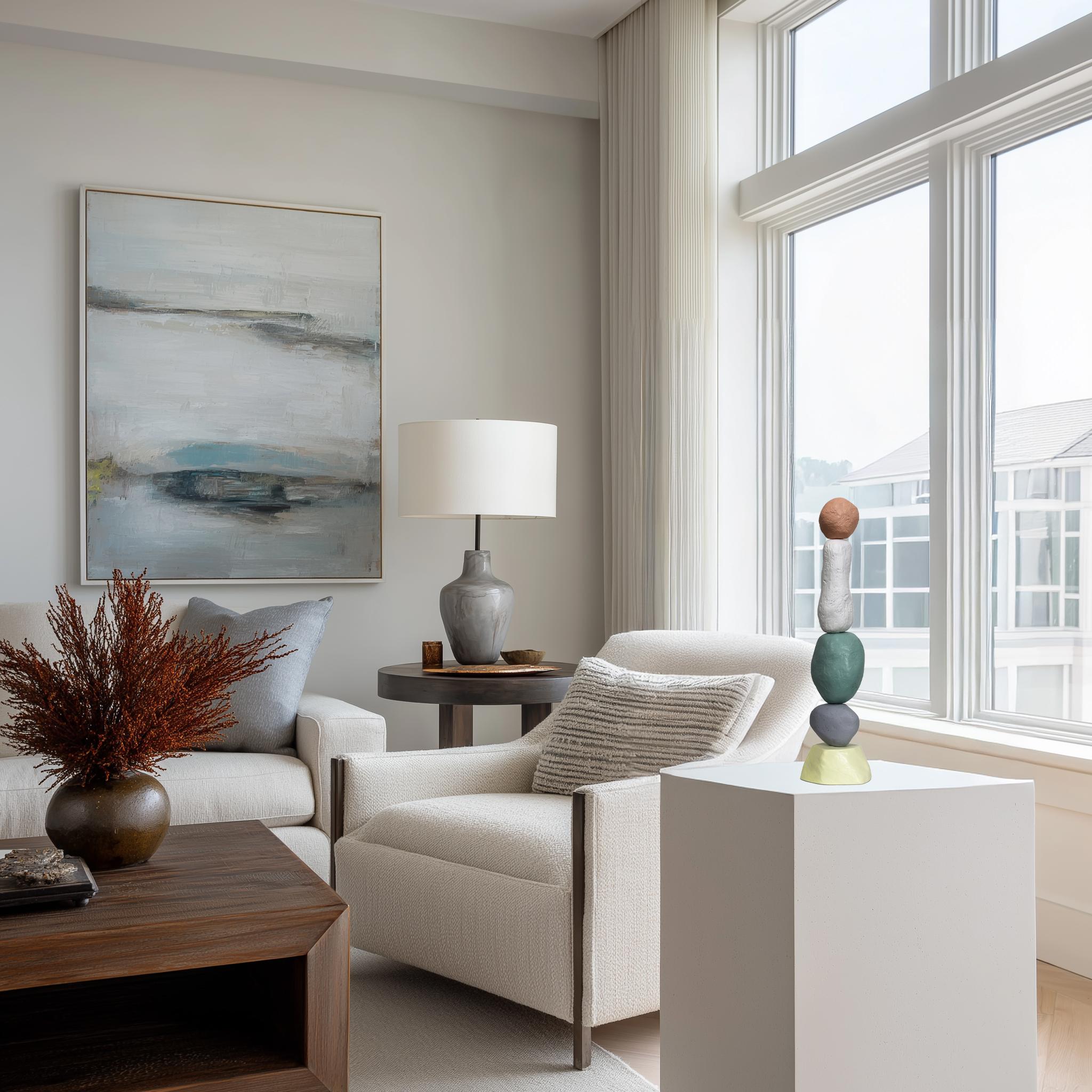 Palm Springs Totem 1 - Modern Unique Muted Tone Abstract Playful Resin Sculpture For Sale 3