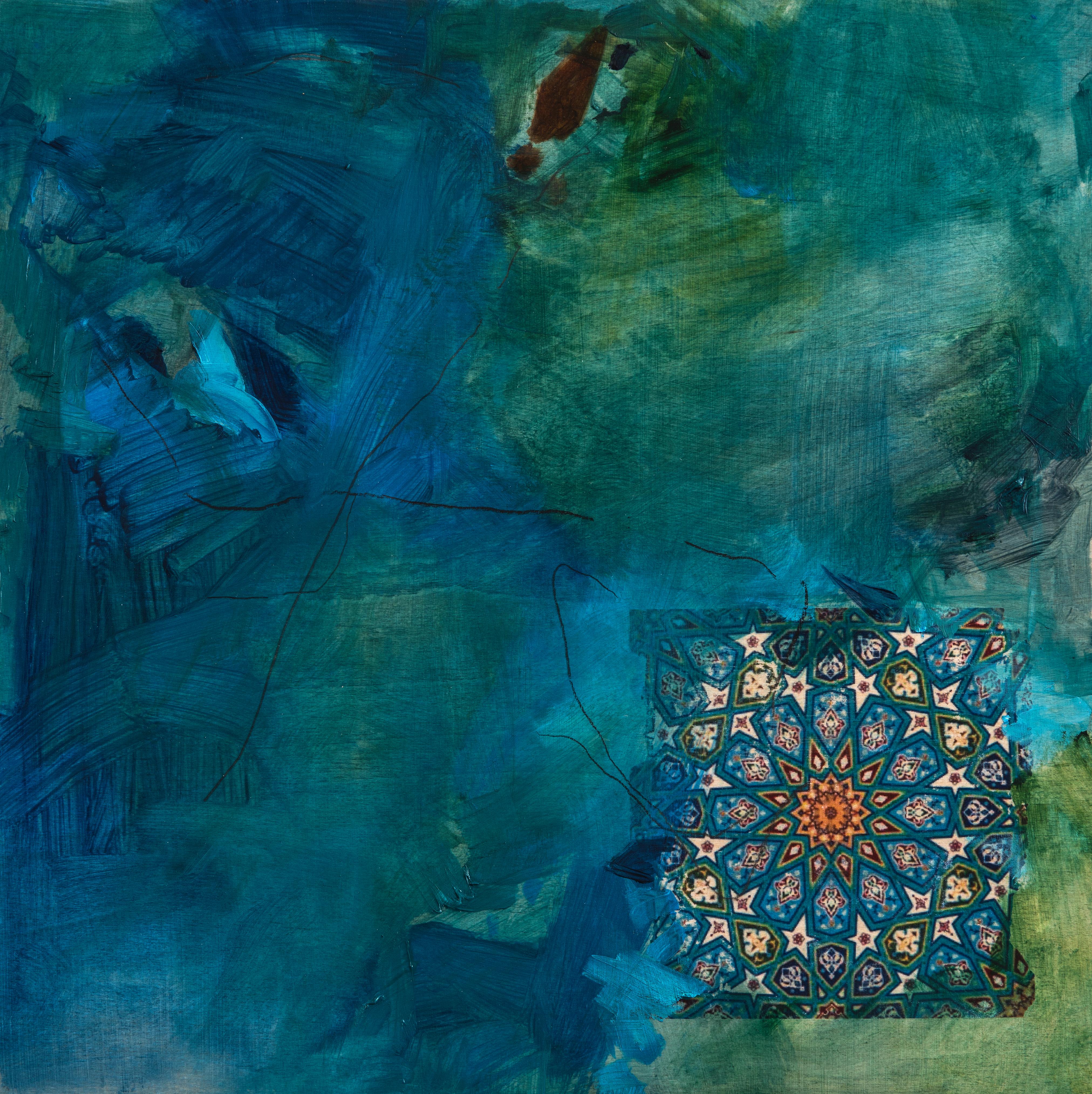 Fragment 3: Impressionist painting w/ Persian / Islamic collage, blue & green - Mixed Media Art by Nazanin Moghbeli