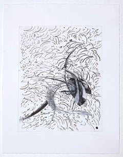 Peinture abstraite de calligraphie persane encadrée sur photogravure, noir/blanc