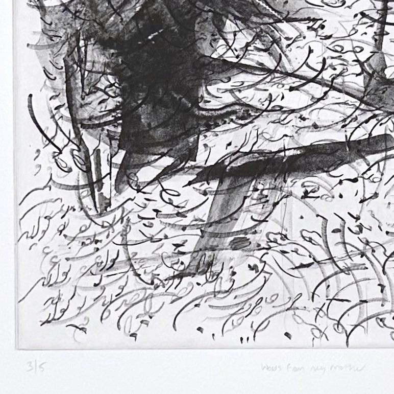 Nazanin Moghbeli è un'artista persiano-americana con una formazione in calligrafia persiana, pittura in miniatura e musica. Il testo calligrafico astratto  della serie 
