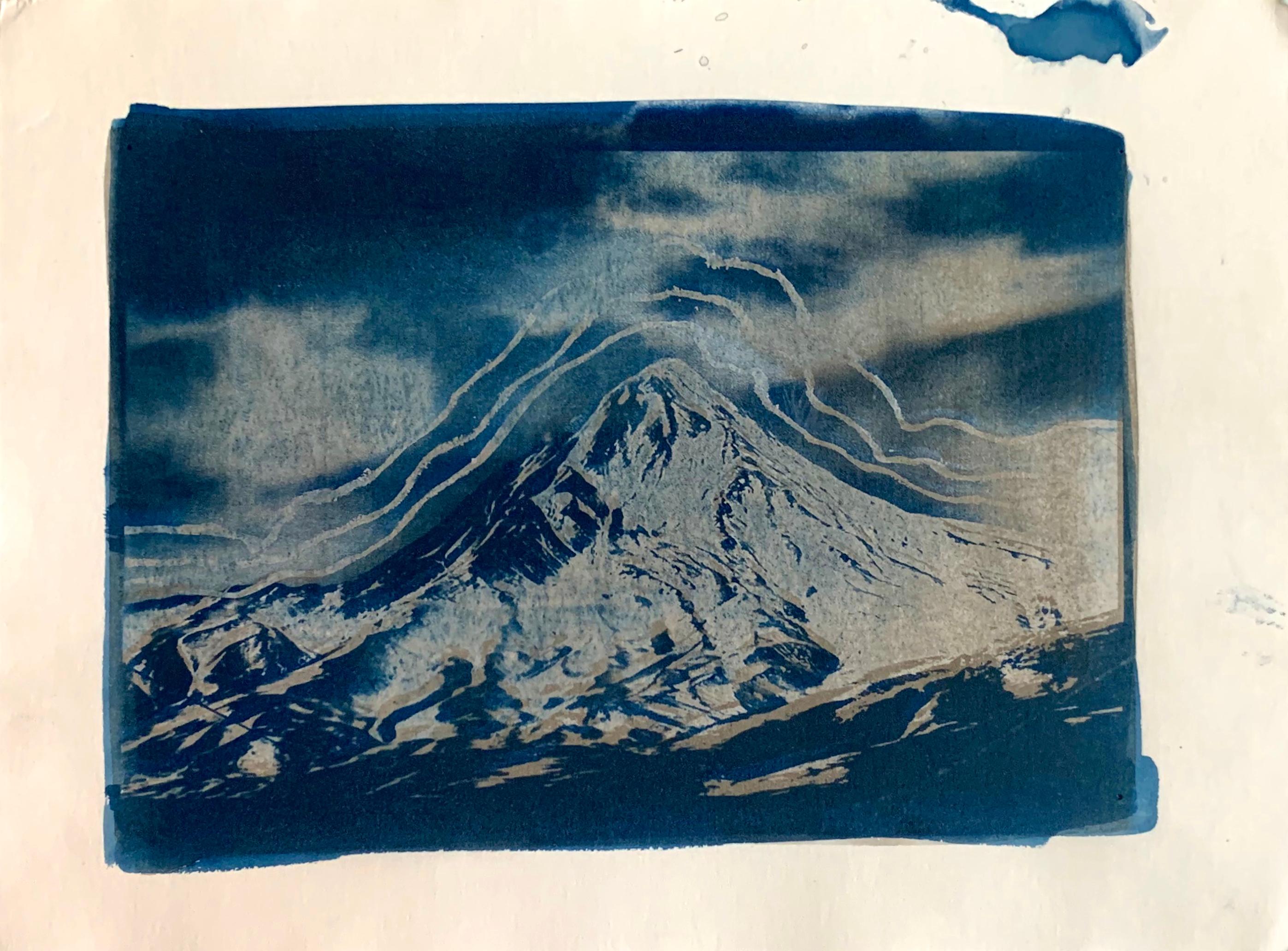 Nazanin Noroozi Figurative Painting - Mount Damavand, navy blue watercolor painting on paper, mountain