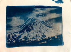 Mount Damavand, navy blue watercolor painting on paper, mountain