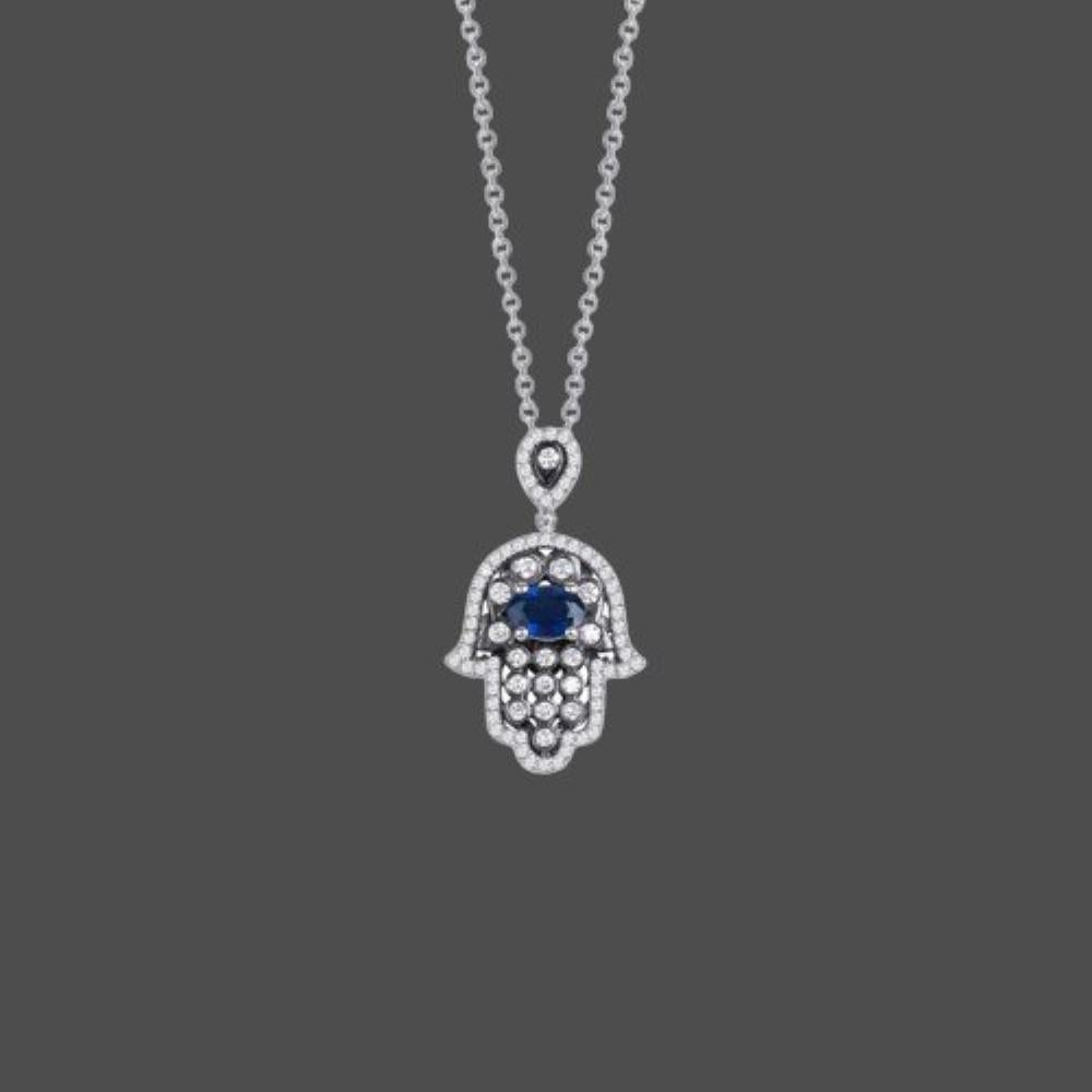 Modern 1.15ct Sapphire and Diamond Hamsa Necklace For Sale