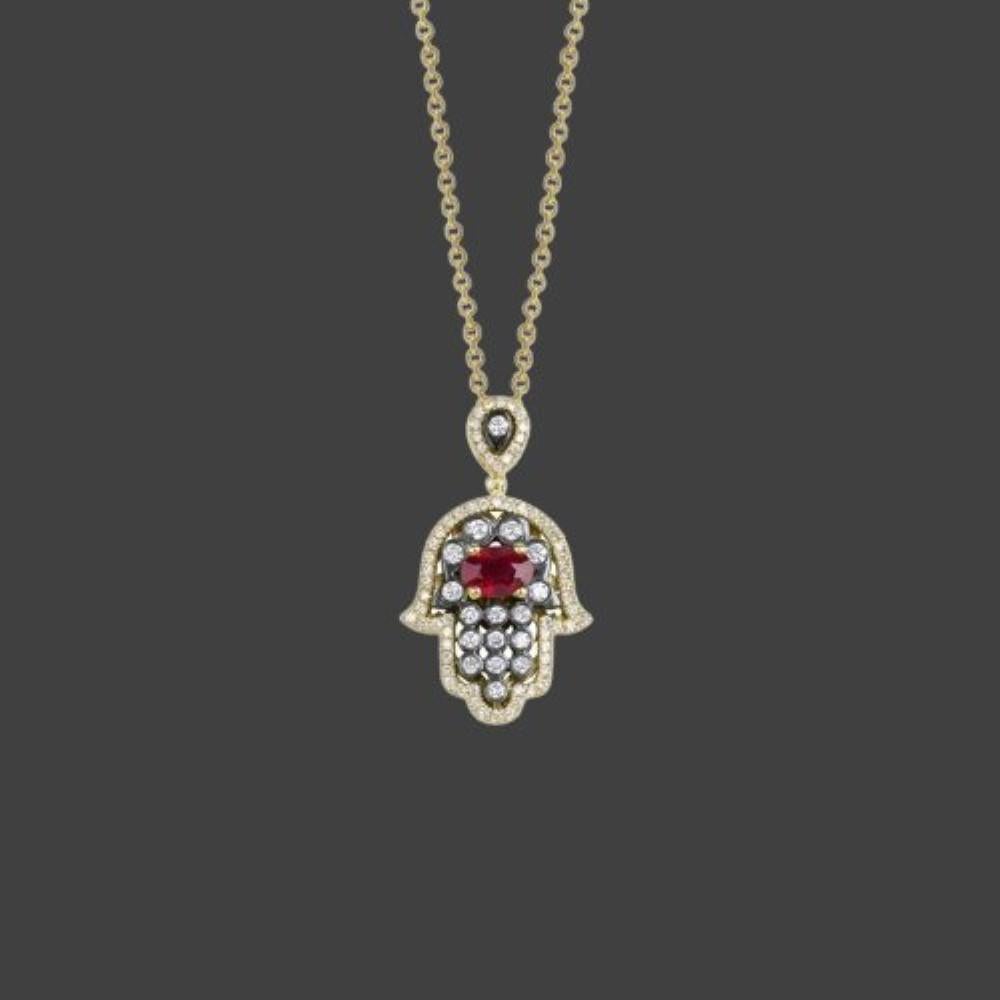 Modern 1.25ct Ruby and Diamond Hamsa Necklace For Sale
