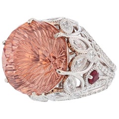 Nazarelle Bague en or blanc et rose 14 carats:: 23::40 ct:: Morganite:: diamant et rubis