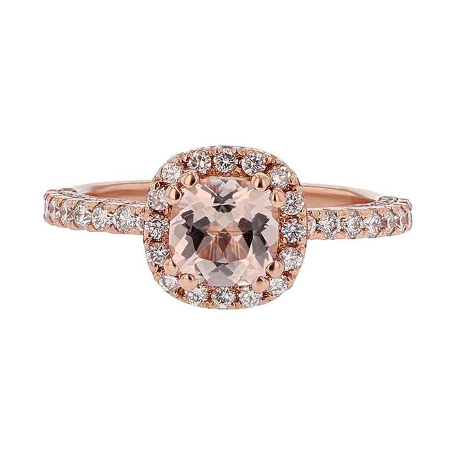 Anillo Nazarelle de Oro Rosa de 14 Kilates con Morganita en Cojín y Diamantes